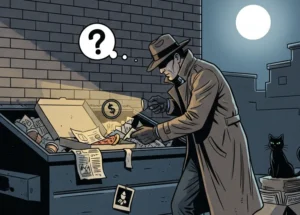 A private investigator dumpster diving