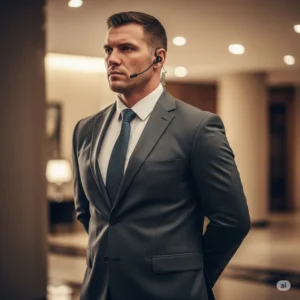 A bodyguard standing at a post.
