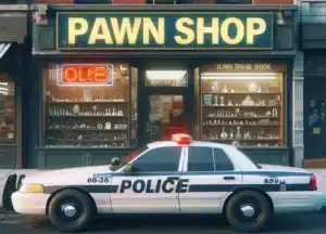 Police car parked in front of a pawn shop.