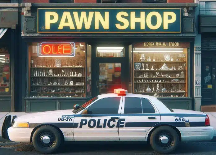 Police car parked in front of a pawn shop.
